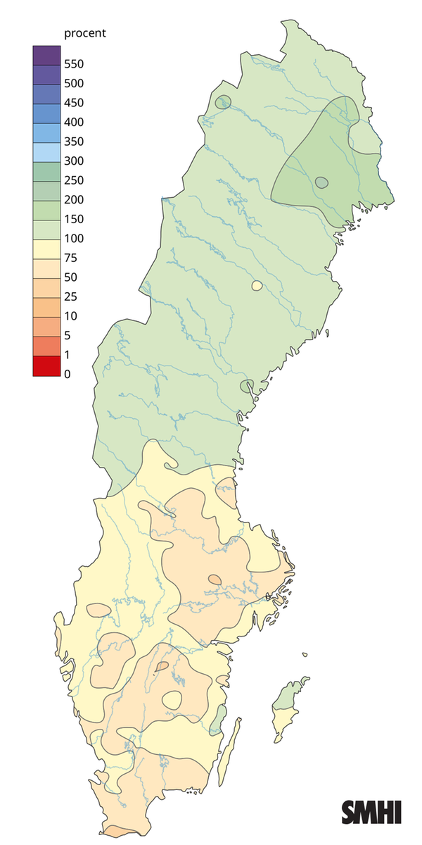 Nederbörden i procent av det normala under sommaren 2026.
