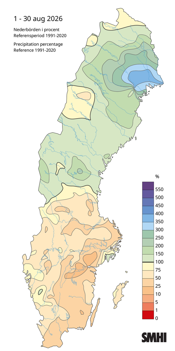 Nederbörden i procent av normalperioden 1991-2020 för augusti 2026.