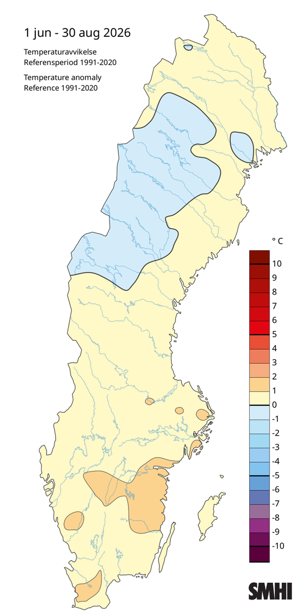 Medeltemperaturens avvikelse från normalperioden 1991-2020 för sommaren 2026.
