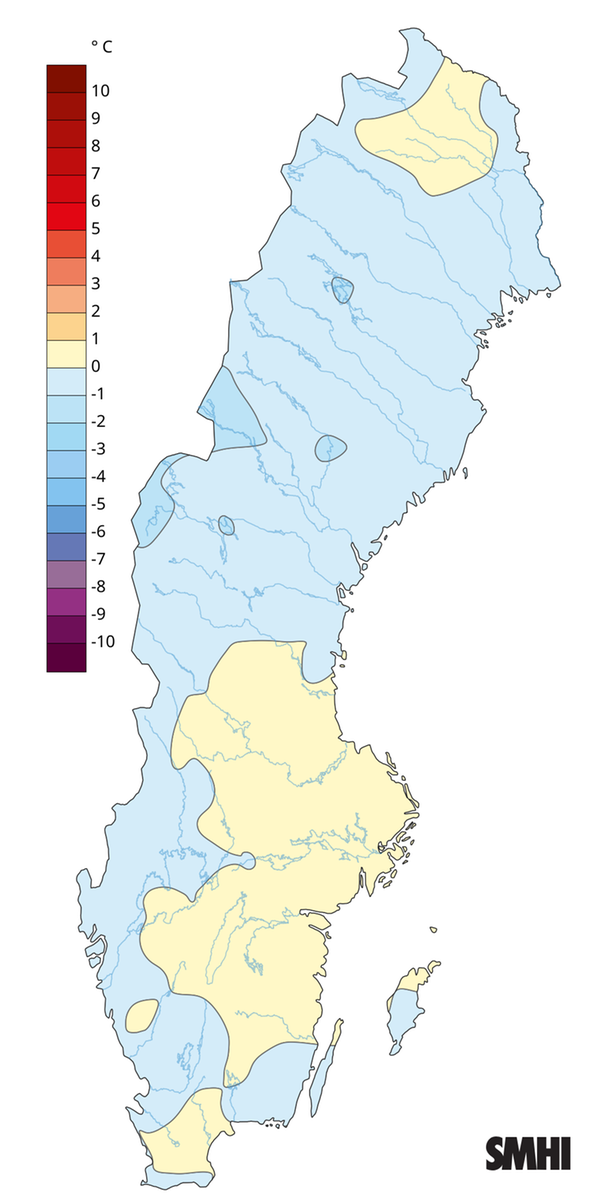 Medeltemperaturens avvikelse från normalperioden 1991-2020 för augusti 2026.