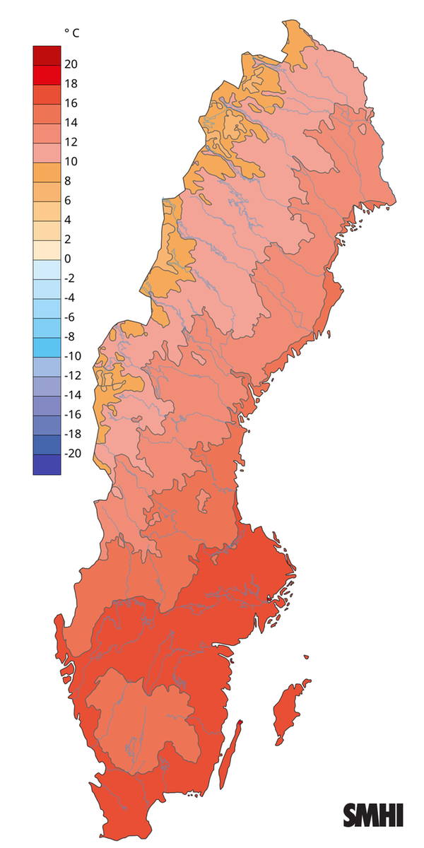 Månadsmedeltemperaturen under augusti 2026.