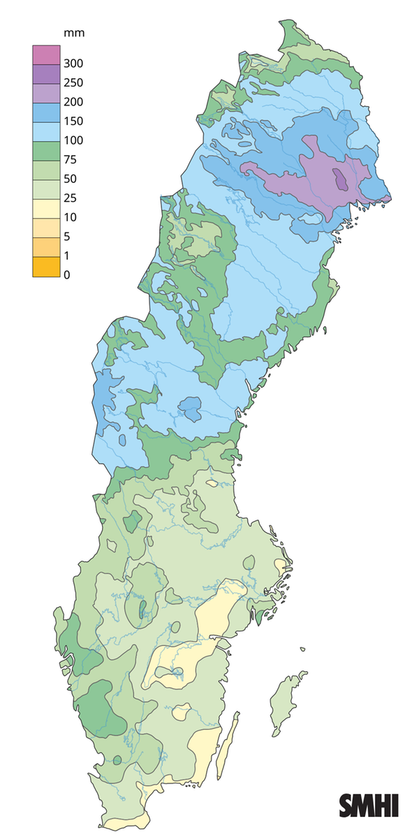 Nederbördssumma under augusti 2026.