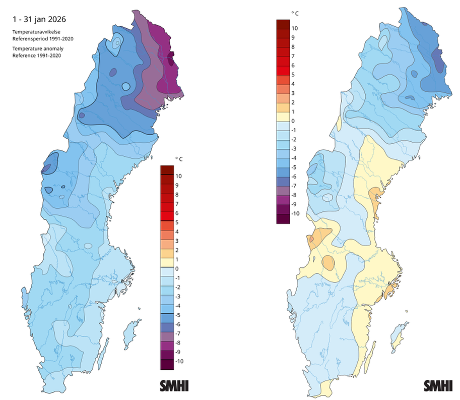 Temperaturavvikelsen i grader Celsius för januari 2026 relativt normalperioden 1991-2020 (vänster) och referensnormalperioden 1961-1990 (höger).