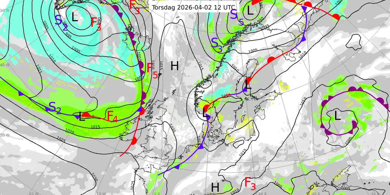 Karta över Nordatlanten och Nordeuropa med en analys av väderläget den 2 april 2026.