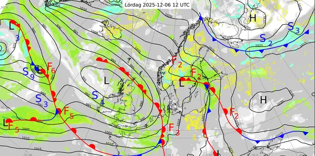 Karta över Nordatlanten och Europa med en analys av väderläget den 6 december 2025.
