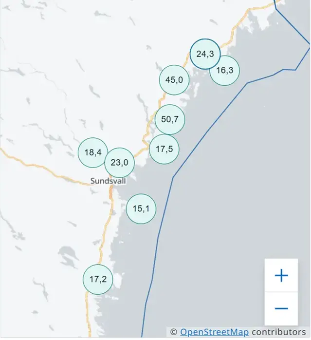 Karta över södra Norrlandskusten som visar uppmätta nederbördsmängder den 6 december 2025.