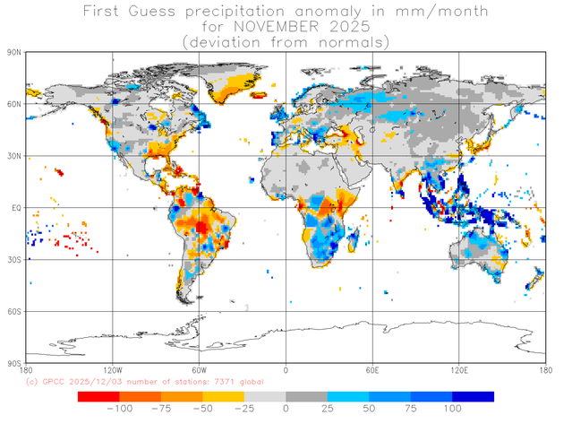 Preliminär global nederbördsanomali i november 2025. Källa: DWD (GPCC).
