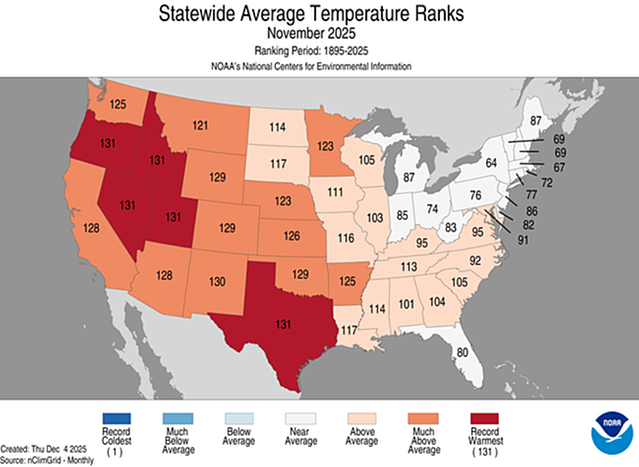 Ranking av månadsmedeltemperaturen delstatsvis i USA i november 2025. 1 = kallast och 131 = varmast i en mätserie sedan 1895. Källa: Amerikanska vädertjänsten (NOAA).