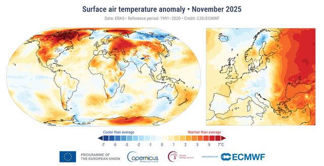 Global temperaturanomali (vänster bild) i november 2025 samt för Europa (höger bild). Avvikelserna avser normalperioden 1991-2020. Källa: Copernicus Climate Change Service/ECMWF.