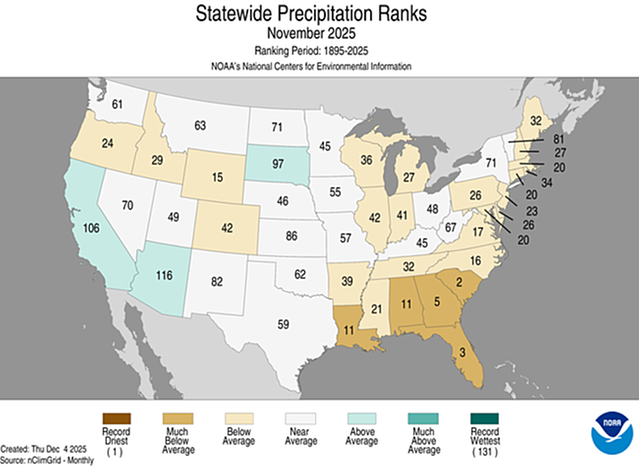 Ranking av månadsnederbörden delstatsvis i USA i november 2025. 1 = torrast och 131 = blötast i en mätserie sedan 1895. Källa: Amerikanska vädertjänsten (NOAA).
