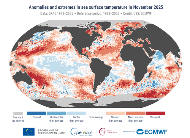 Percentiler över ytvattentemperaturen i världshaven i november 2025. Den rödaste färgen markerar havsområden som haft rekordvarmt i förhållande till perioden 1979-2025. Källa: Copernicus Climate Change Service/ECMWF.