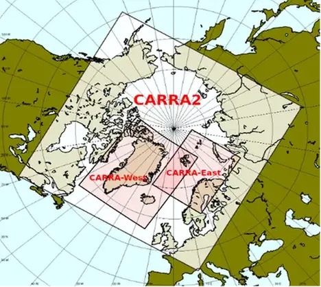 En karta med området norr om 60:e breddgraden markerad, med två rektanglar som markerar de tidigare områdena CARRA-West (kring Grönland) och CARRA-East (bland annat Norra Skandinavien och Svalbard). 