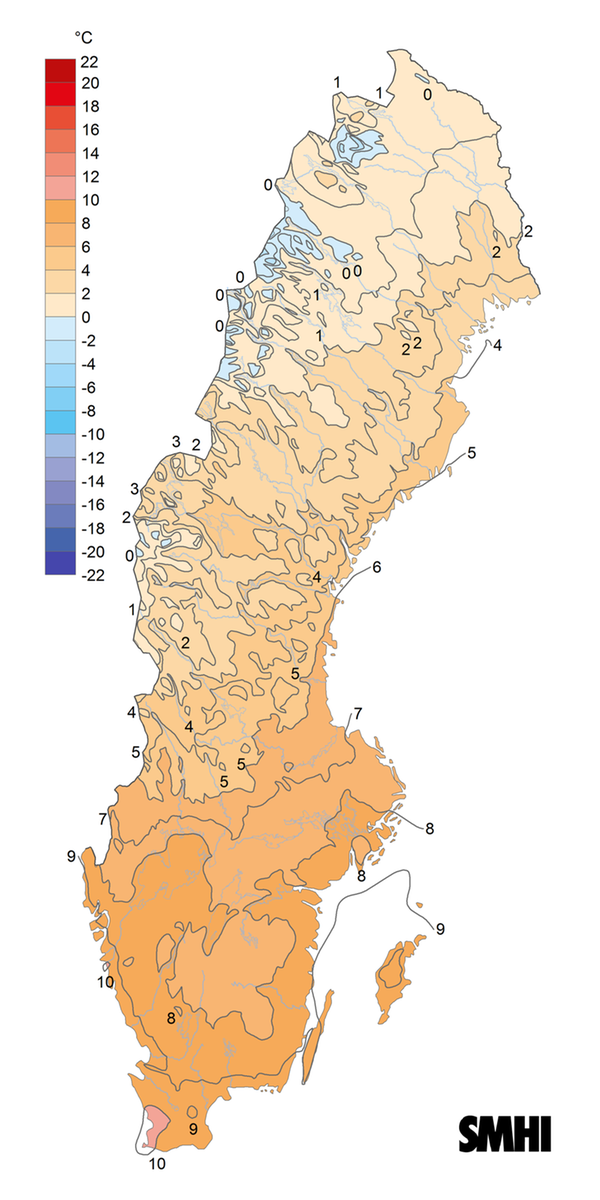 Sverigekarta över medeltemperaturen för året 2024.