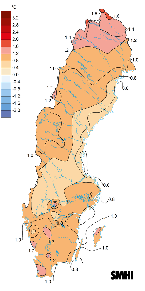 Bilden visar en karta med årsmedeltemperaturens avvikelse från det normala under år 2024.