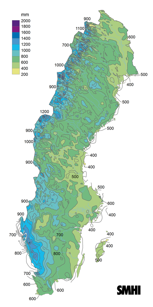 Sverigekarta över nederbördsumma i mm under året 2024.