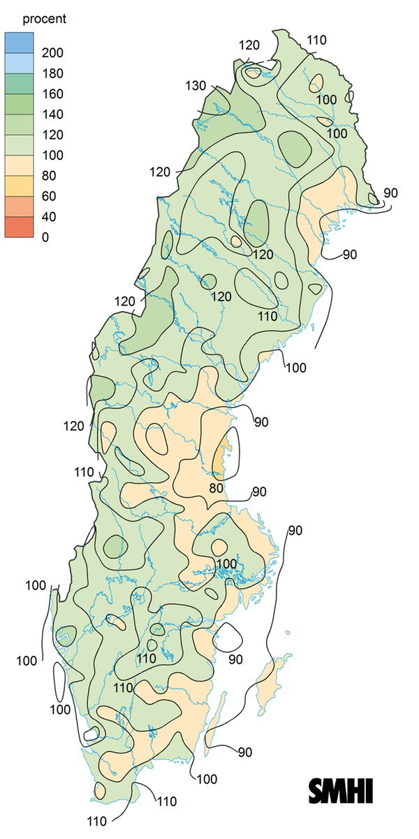 Bilden visar en karta med nederbörden i procent av det normala under året 2024.