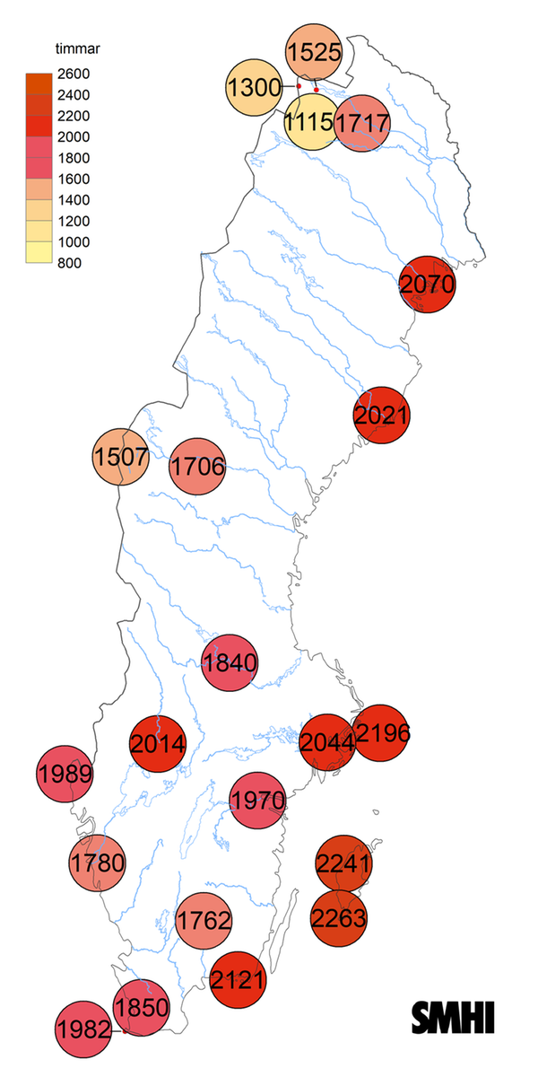 Sverigekarta som visat antal soltimmar under året 2024.