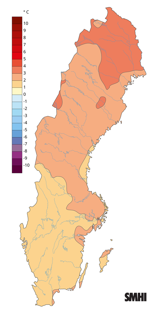 Medeltemperaturens avvikelse från normalperioden 1991-2020 för september 2025.