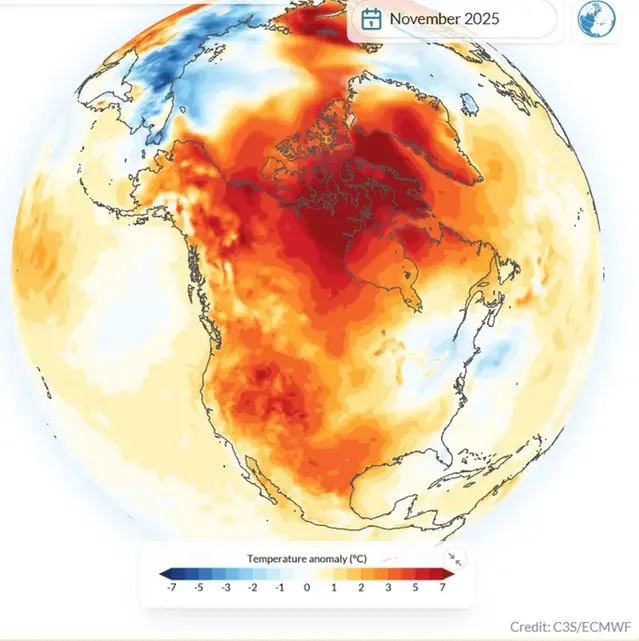 Karta över Nordamerika som visar temperaturens avvikelse från det normala i november 2025.