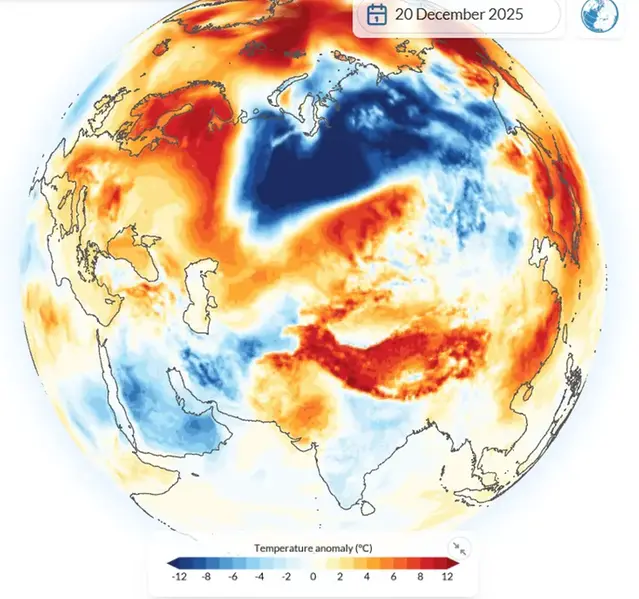Karta över Asien som visar temperaturens avvikelse från det normala den 20 december 2025.