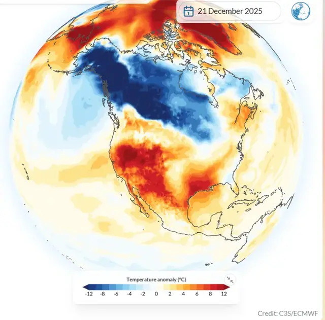 Karta över Nordamerika som visar avvikelse från normal dygnsmedeltemperatur den 21 december 2025