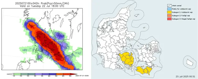 Två kartor över Danmark. I den vänstra syns hela södra Skandinavien. Ett rött fält täcker Danmark och vissa omkringliggande delar. Den högra visar bara Danmark. Områden i söder är gulmarkerade, vilket betyder varning kategori 1 enligt färgkodningen i bilden.
