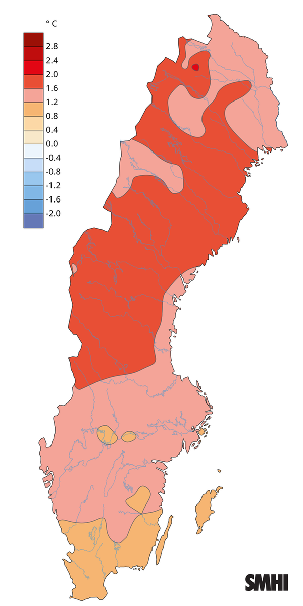 Bilden visar en karta med årsmedeltemperaturens avvikelse från det normala under år 2025.