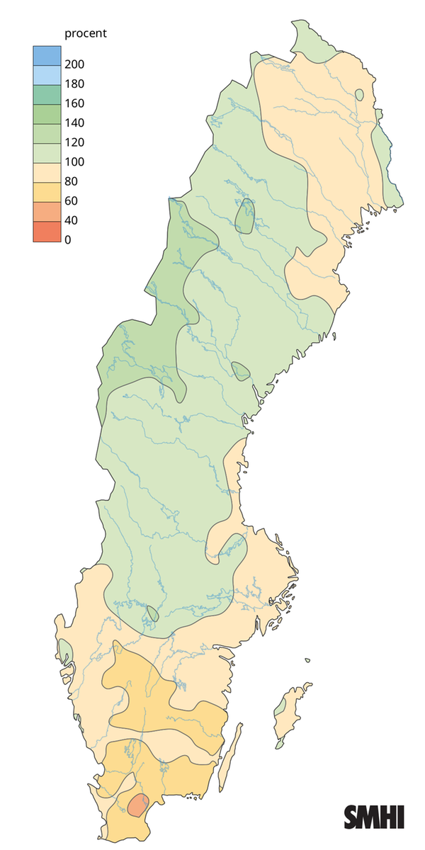 Bilden visar en karta med nederbörden i procent av det normala under året 2025.
