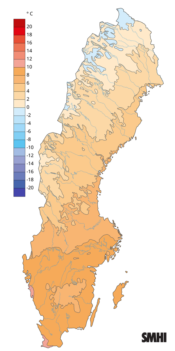 Sverigekarta över medeltemperaturen för året 2025.