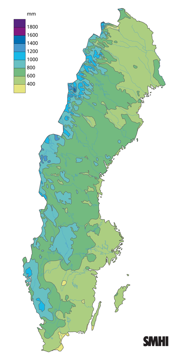 Sverigekarta över nederbördsumma i mm under året 2025.