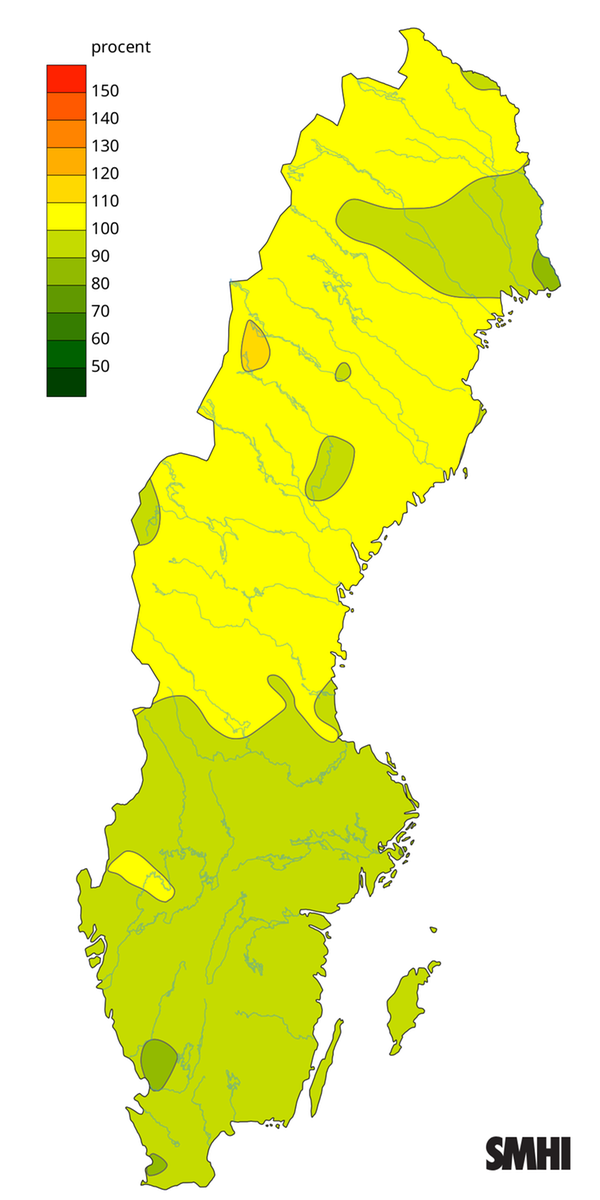 Karta över byvindens avvikelse från det normala (1996-2015) under året 2025.