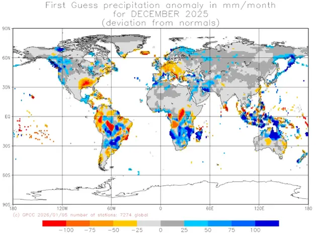 Världskarta med månadsnederbördens avvikelse från det normala i december 2025.