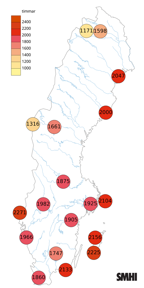 Sverigekarta som visat antal soltimmar under året 2025.