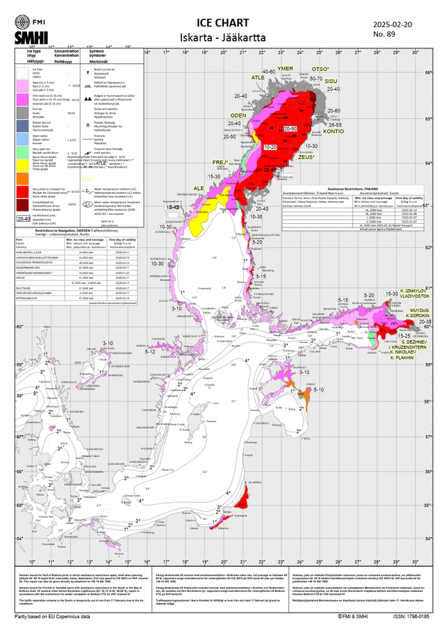 Iskartan från den 20 februari 2025, då denna vinters största isutbredning inträffade. Totalt var cirka 85 000 km2 täckt med is.
