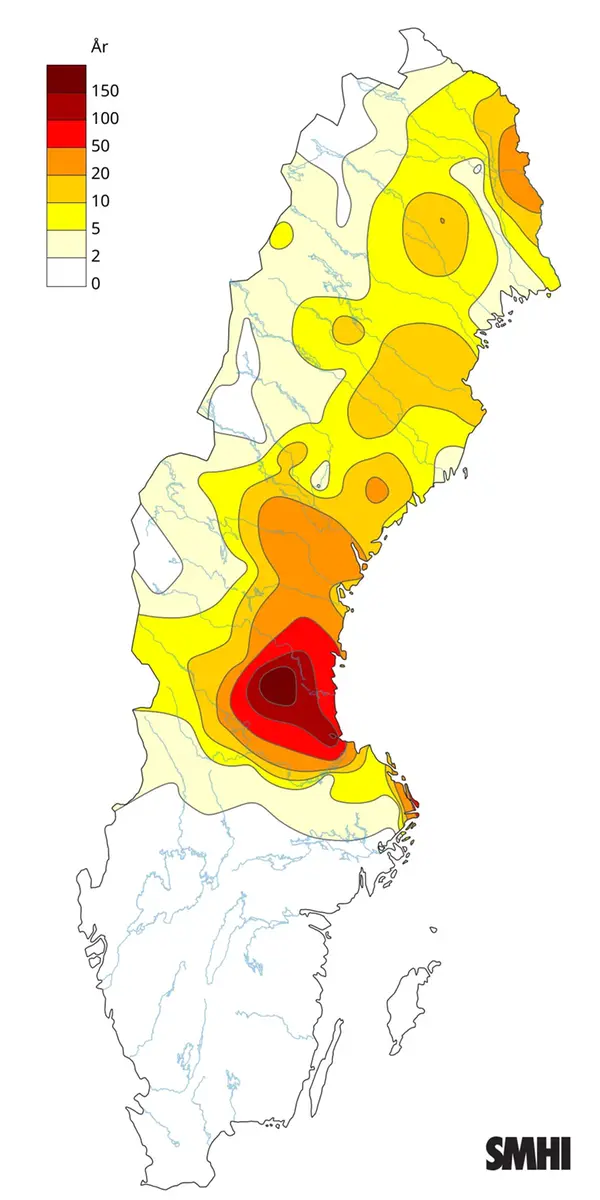 Sverigekarta som visar den beräknade återkomsttiden för byvindshastigheten under stormen Johannes den 27 december 2025