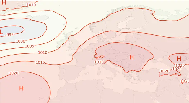 Karta över Europa som visar medellufttrycket i december 2025.