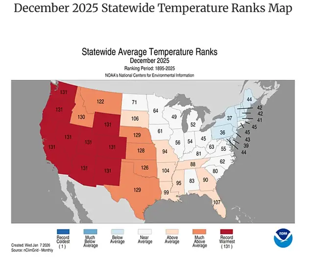 Karta över USA som visar delstatsvis ranking av temperaturen i december 2025.