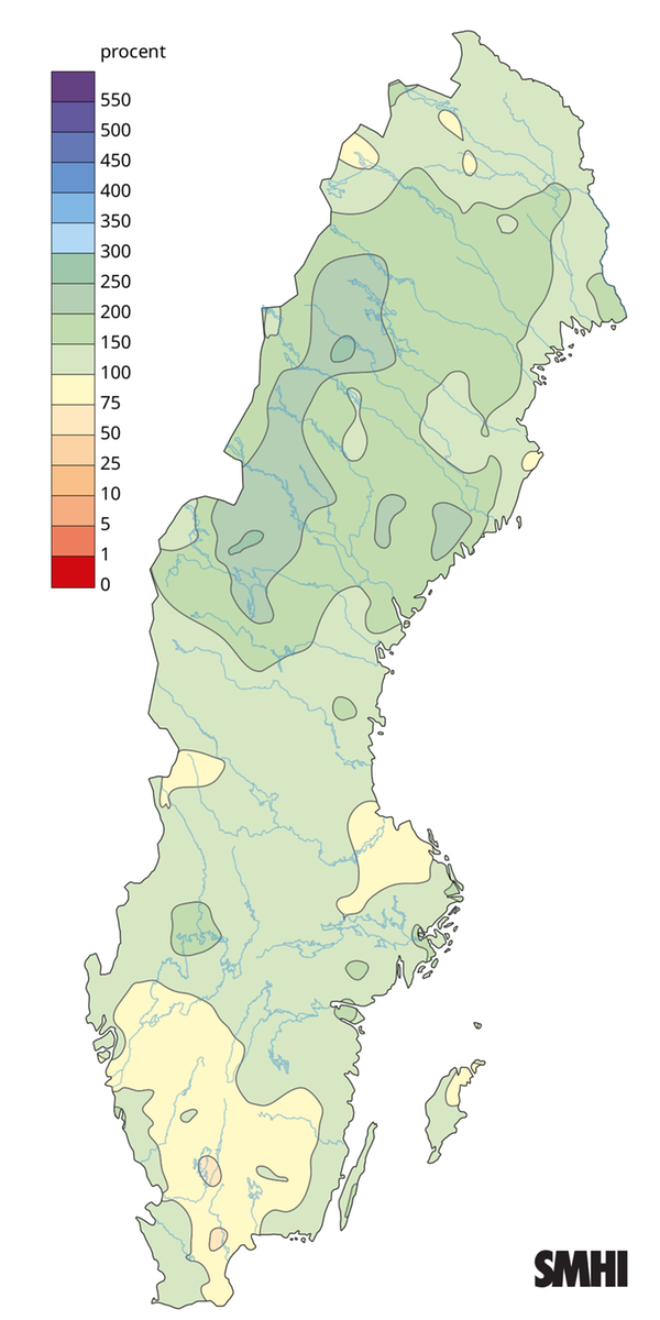  Nederbörden i procent av normalperioden 1991-2020 för oktober 2025.