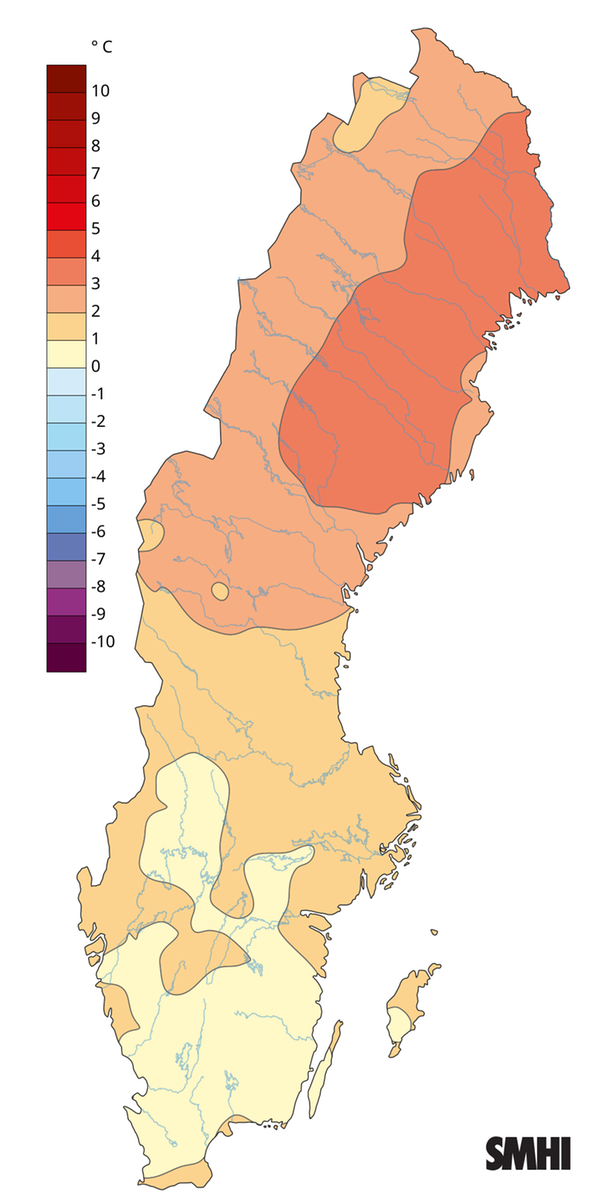 Medeltemperaturens avvikelse från normalperioden 1991-2020 för oktober 2025.
