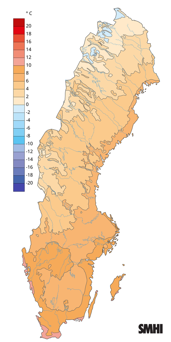 Månadsmedeltemperaturen under oktober 2025.