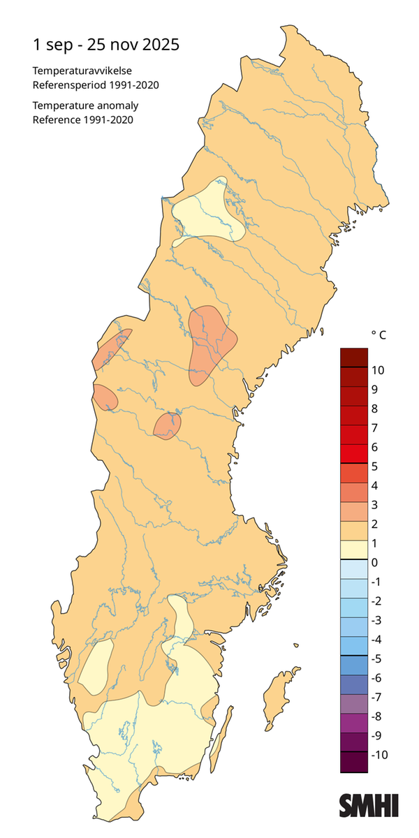 Medeltemperaturens avvikelse från normalperioden 1991-2020 för hösten 2025.