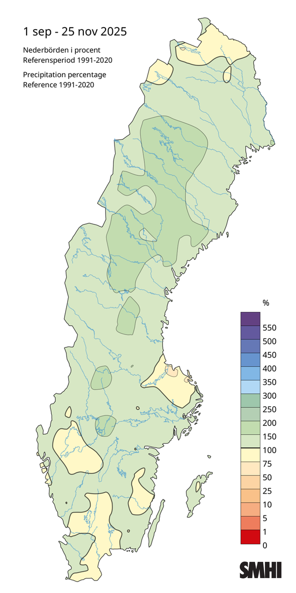 Nederbörden i procent av det normala under hösten 2025.