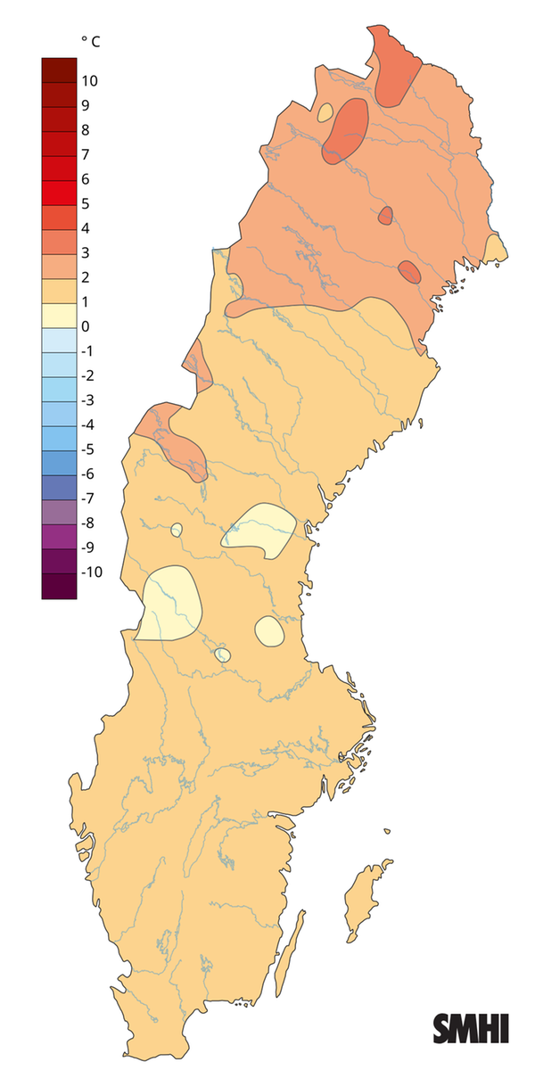 Medeltemperaturens avvikelse från normalperioden 1991-2020 för vintern 2025.