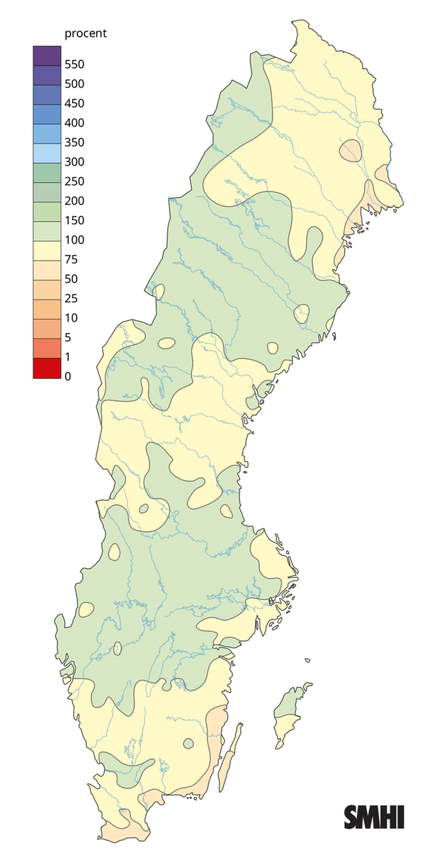 Nederbörden i procent av normalperioden 1991-2020 för vintern 2025.