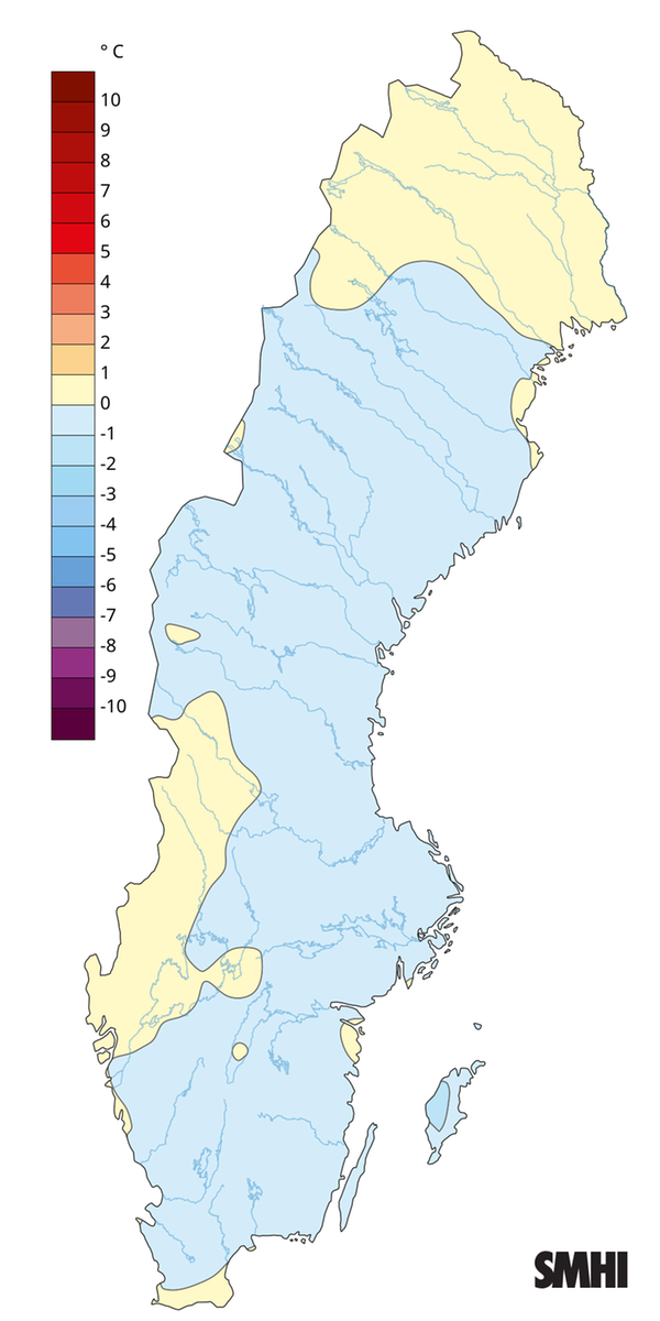Medeltemperaturens avvikelse från normalperioden 1991-2020 för maj 2025.