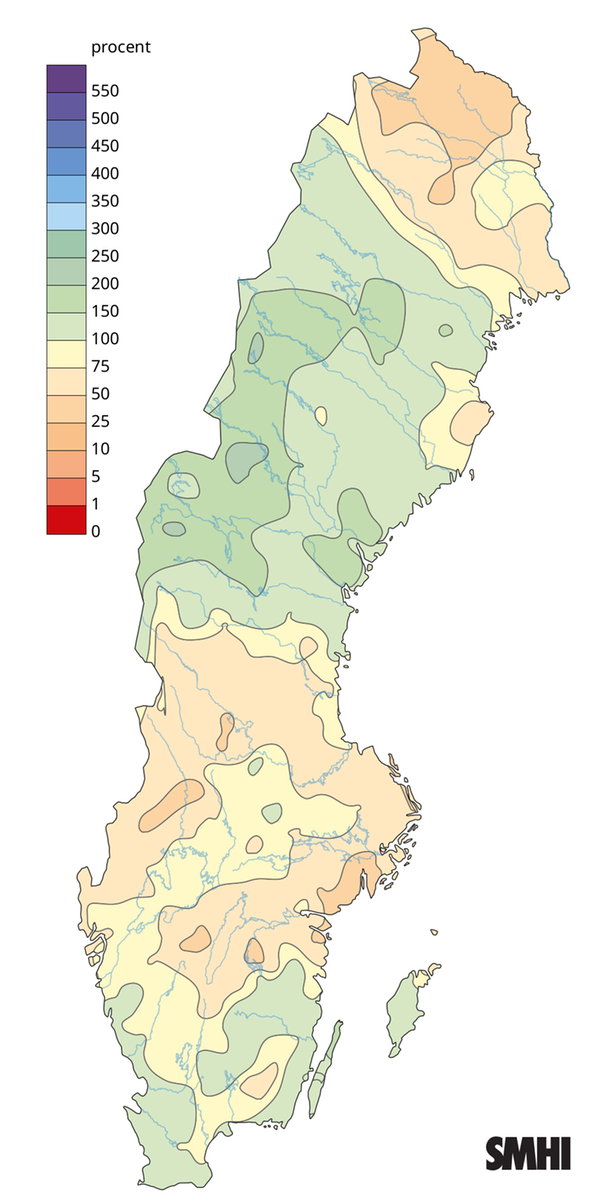 Nederbörden i procent av normalperioden 1991-2020 för maj 2025.