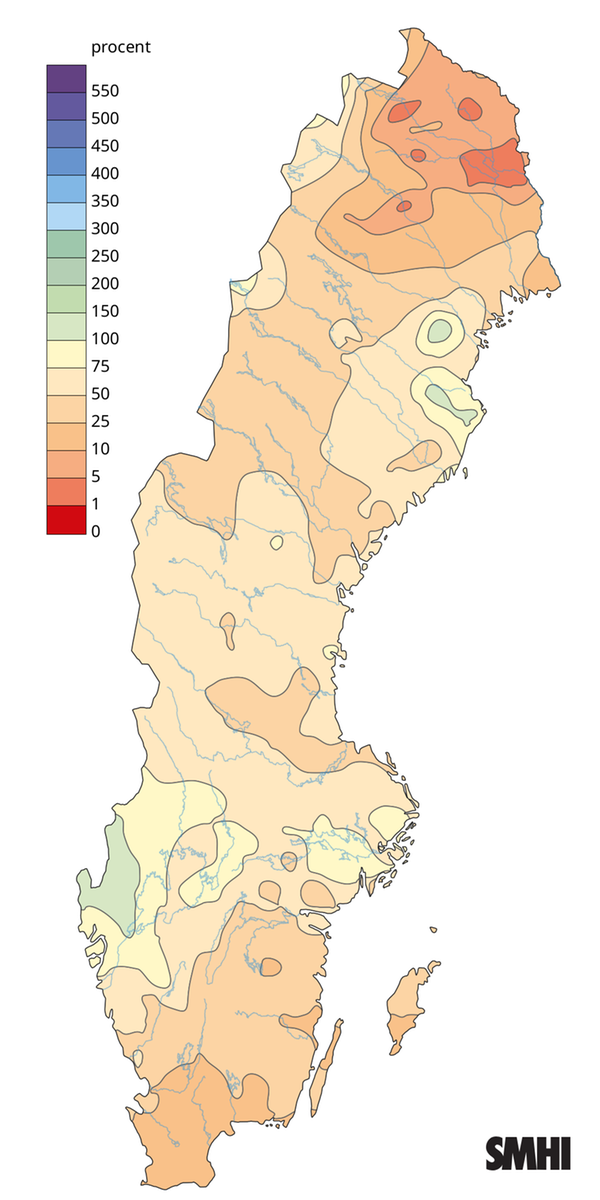 Nederbörden i procent av normalperioden 1991-2020 för april 2026.