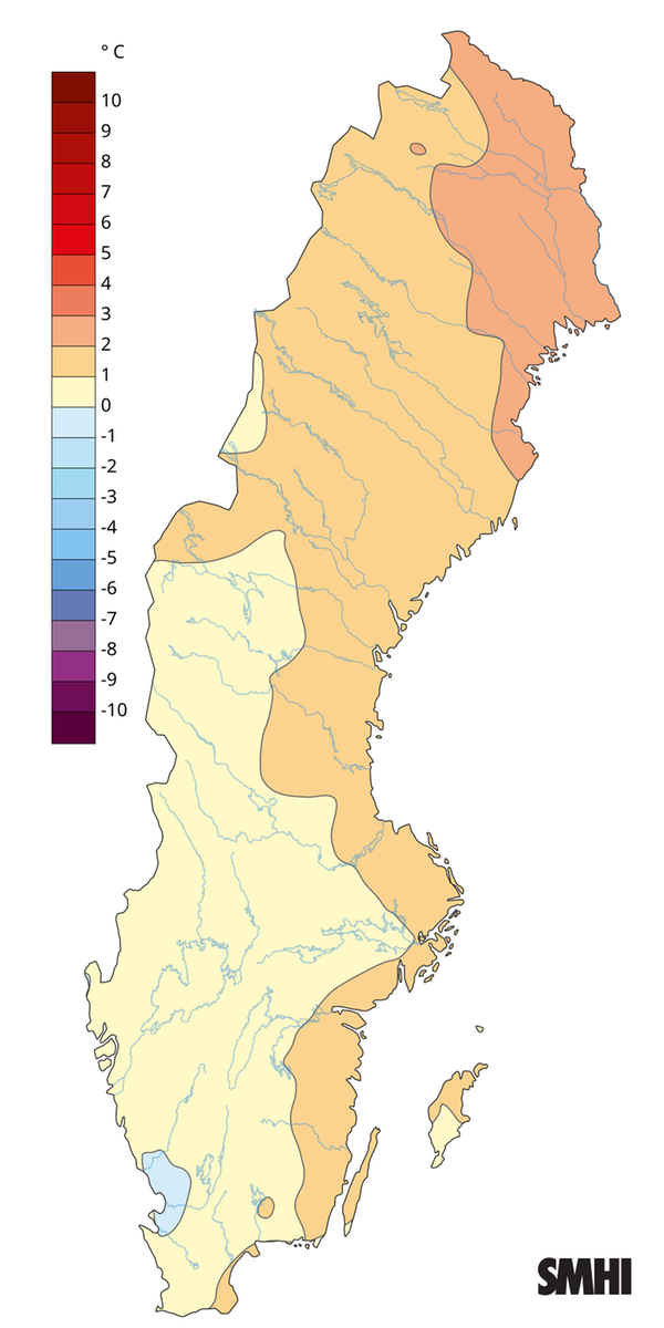 Medeltemperaturens avvikelse från normalperioden 1991-2020 för maj 2026.