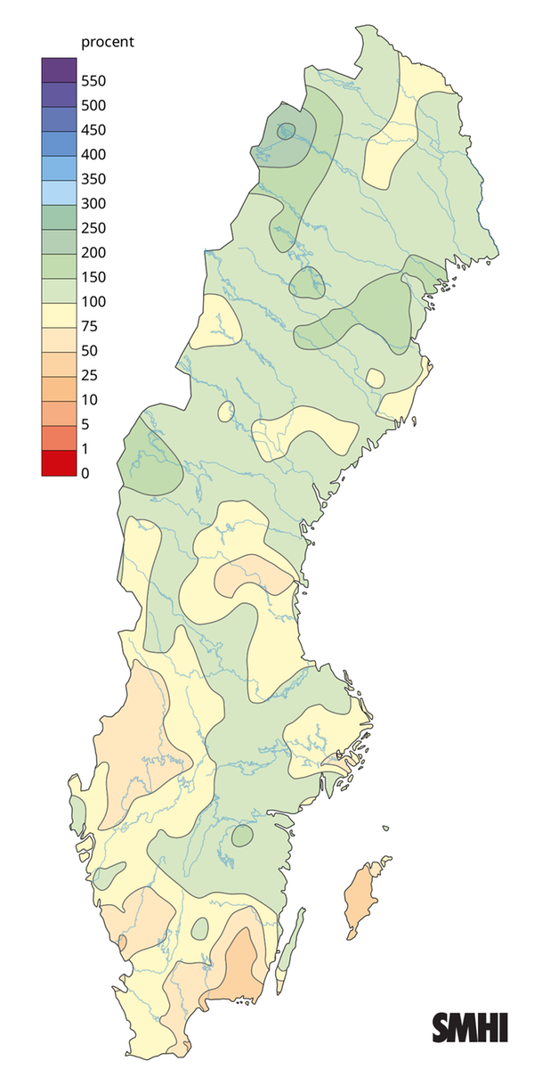Nederbörden i procent av normalperioden 1991-2020 för maj 2026.