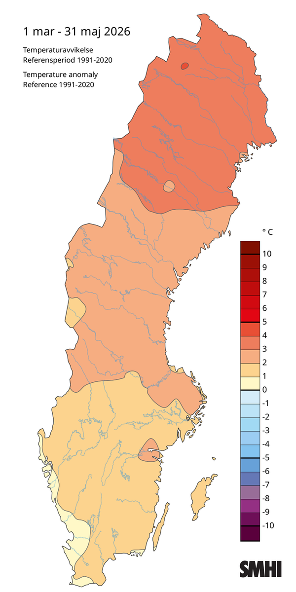Medeltemperaturens avvikelse från normalperioden 1991-2020 för våren 2026.